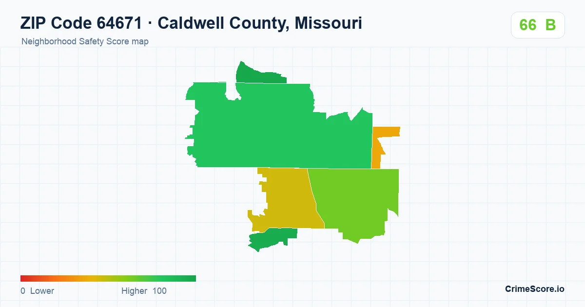 ZIP Code 64671 in Caldwell County, Missouri neighborhood Safety Score map