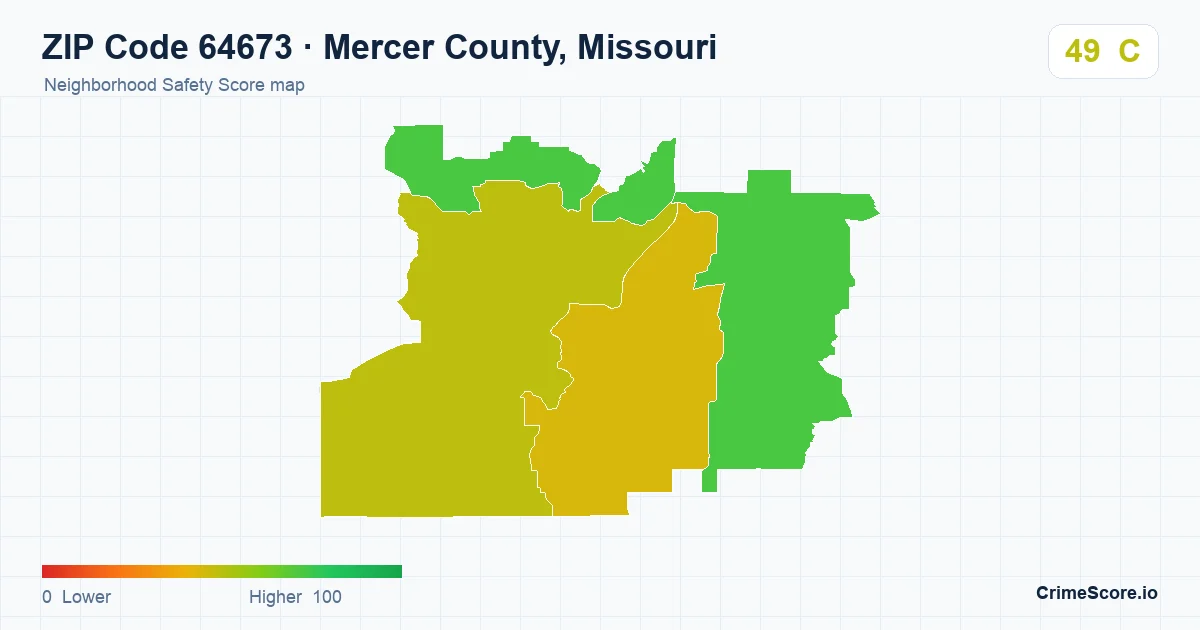 ZIP Code 64673 in Mercer County, Missouri neighborhood Safety Score map