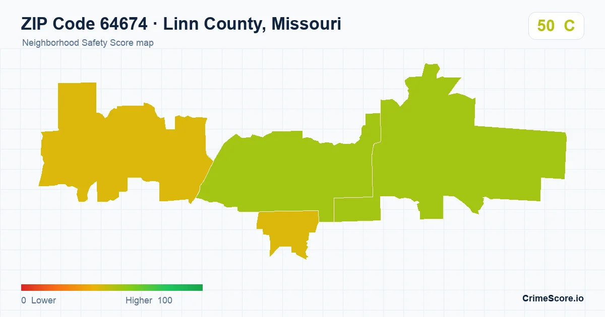 ZIP Code 64674 in Linn County, Missouri neighborhood Safety Score map
