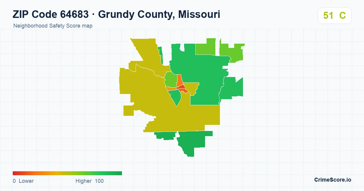 ZIP Code 64683 in Grundy County, Missouri neighborhood Safety Score map