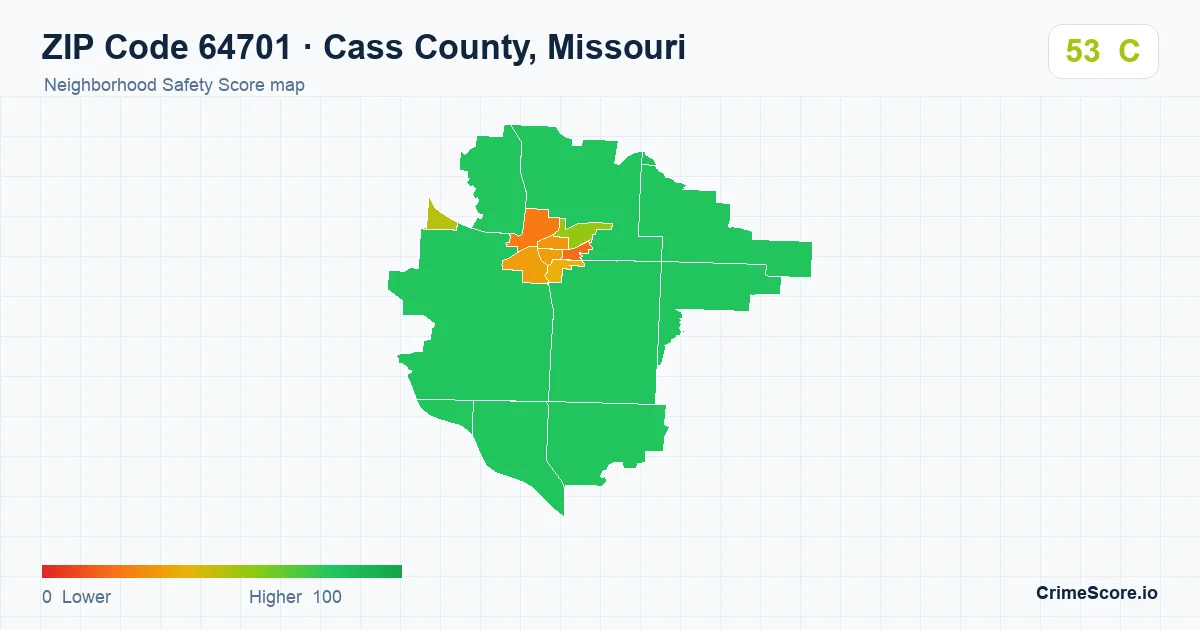 ZIP Code 64701 in Cass County, Missouri neighborhood Safety Score map
