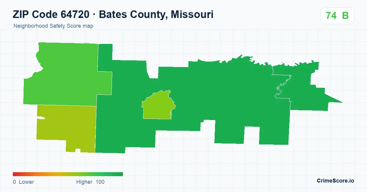ZIP Code 64720 in Bates County, Missouri neighborhood Safety Score map