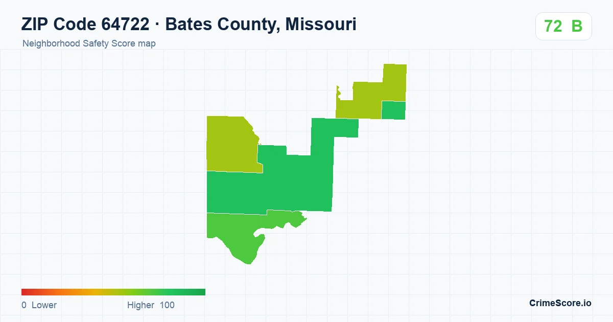 ZIP Code 64722 in Bates County, Missouri neighborhood Safety Score map