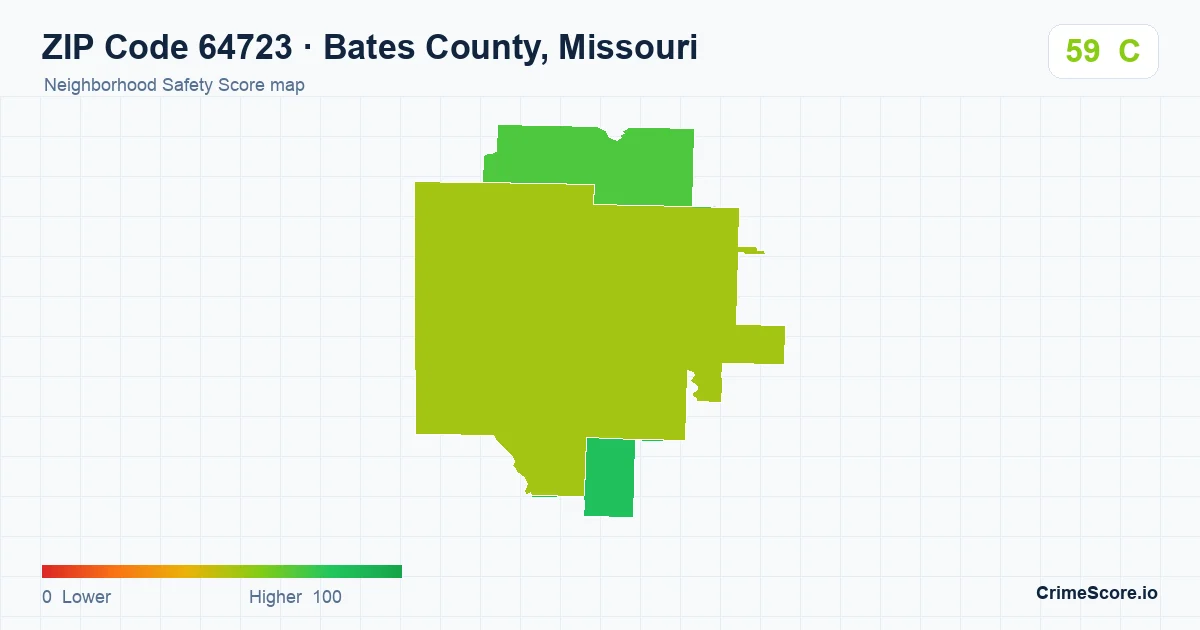 ZIP Code 64723 in Bates County, Missouri neighborhood Safety Score map