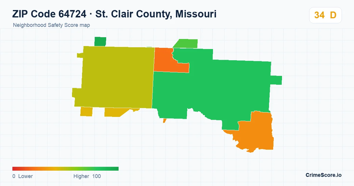 ZIP Code 64724 in St. Clair County, Missouri neighborhood Safety Score map