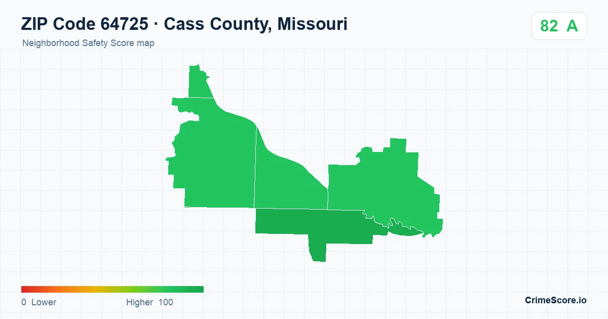 ZIP Code 64725 in Cass County, Missouri neighborhood Safety Score map