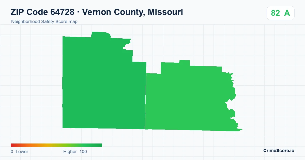 ZIP Code 64728 in Vernon County, Missouri neighborhood Safety Score map