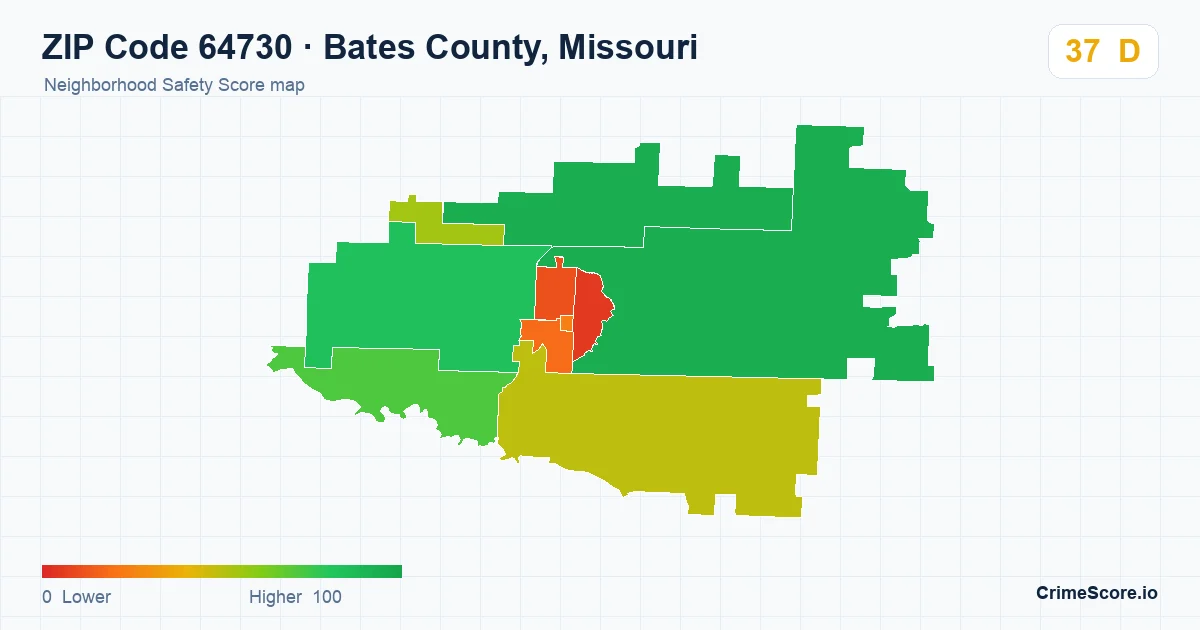 ZIP Code 64730 in Bates County, Missouri neighborhood Safety Score map