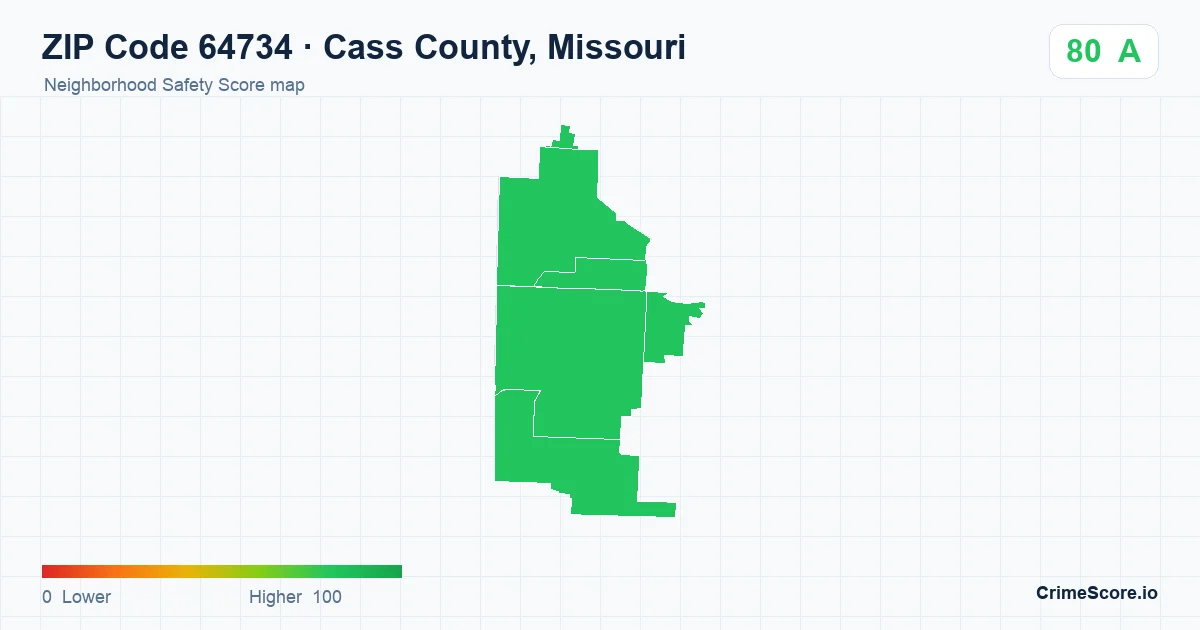 ZIP Code 64734 in Cass County, Missouri neighborhood Safety Score map