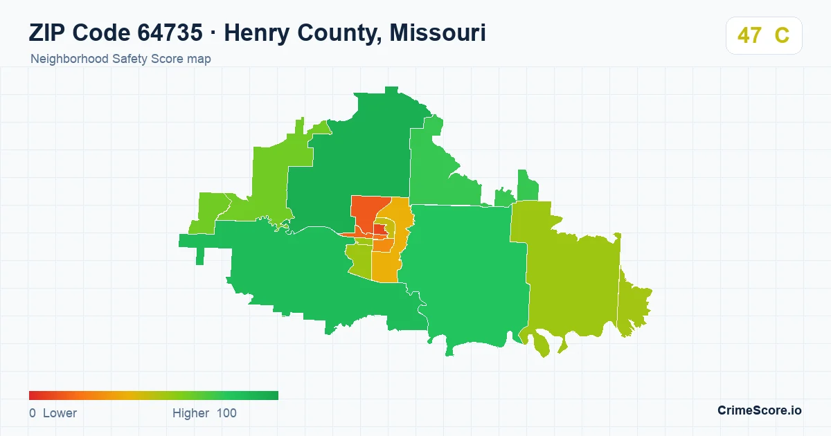 ZIP Code 64735 in Henry County, Missouri neighborhood Safety Score map