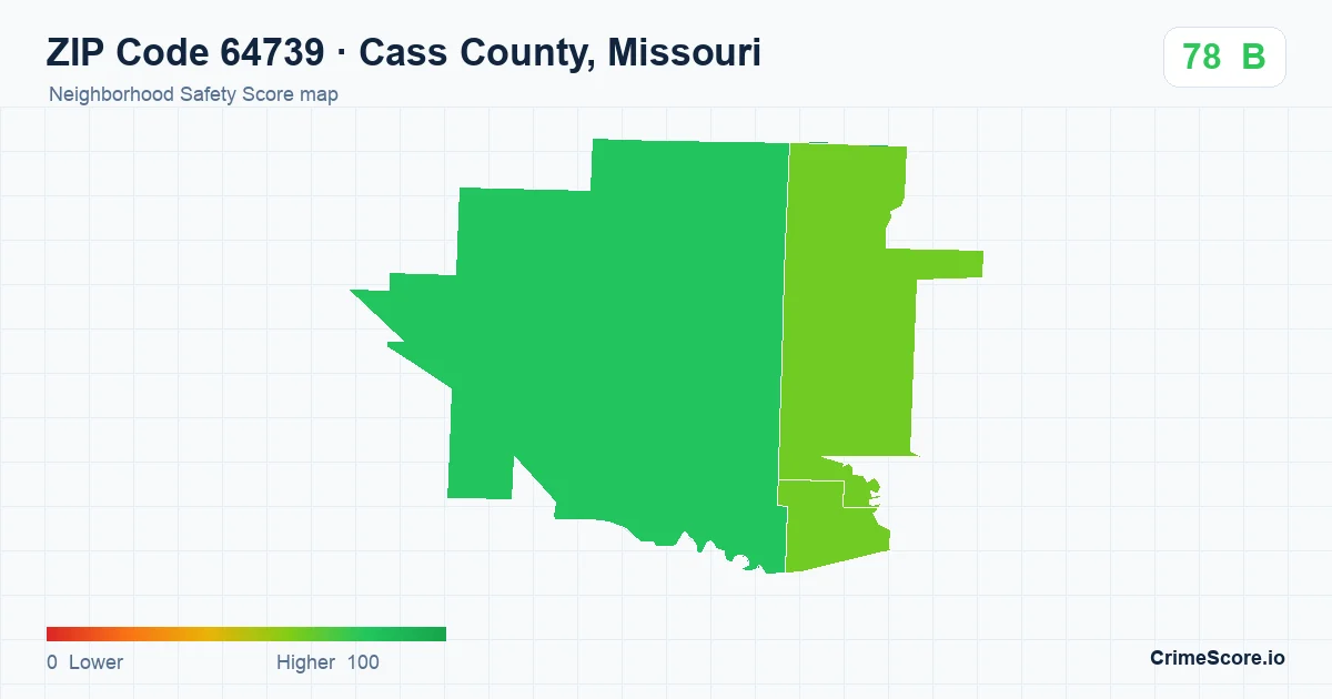 ZIP Code 64739 in Cass County, Missouri neighborhood Safety Score map