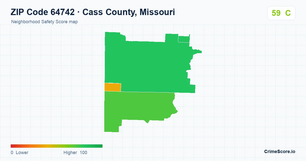 ZIP Code 64742 in Cass County, Missouri neighborhood Safety Score map