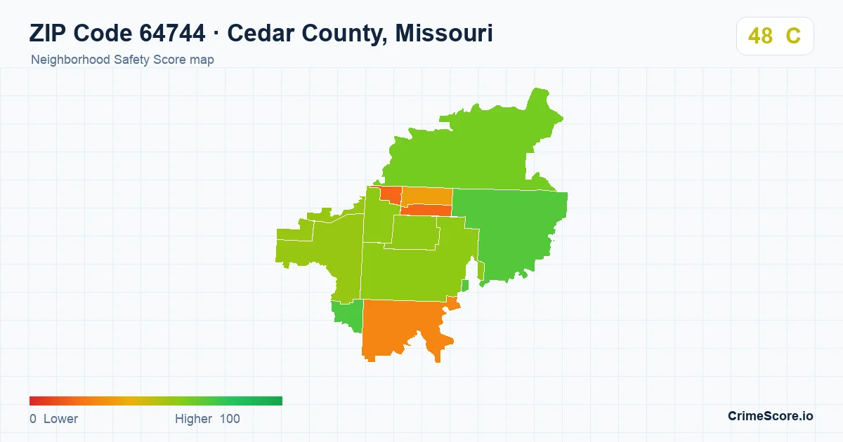 ZIP Code 64744 in Cedar County, Missouri neighborhood Safety Score map