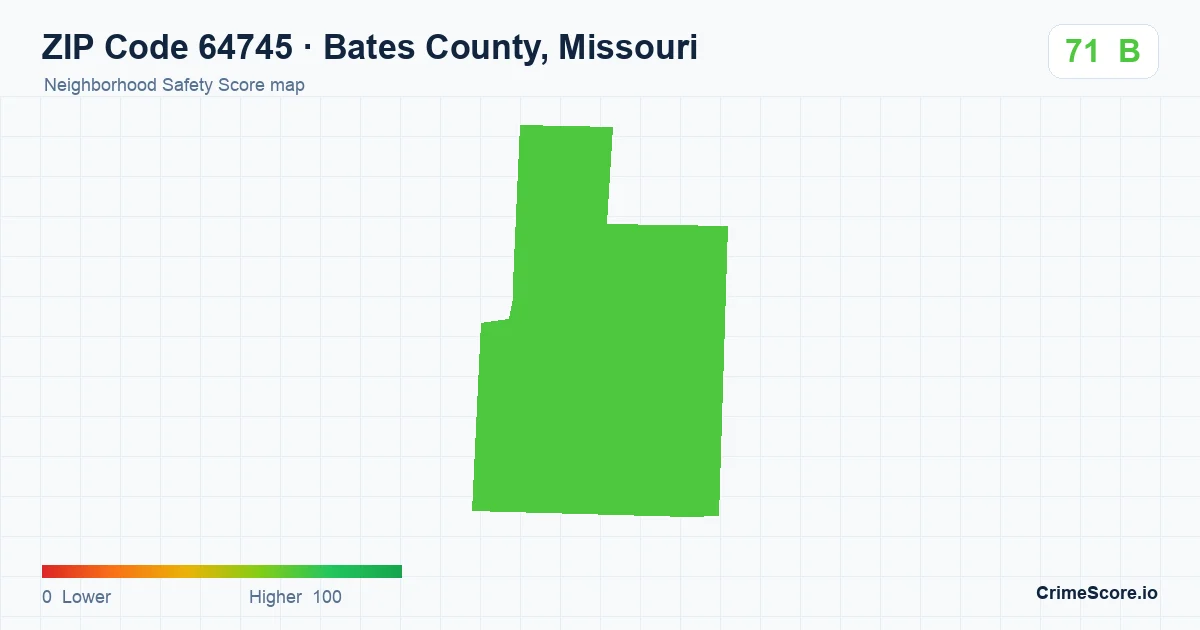 ZIP Code 64745 in Bates County, Missouri neighborhood Safety Score map