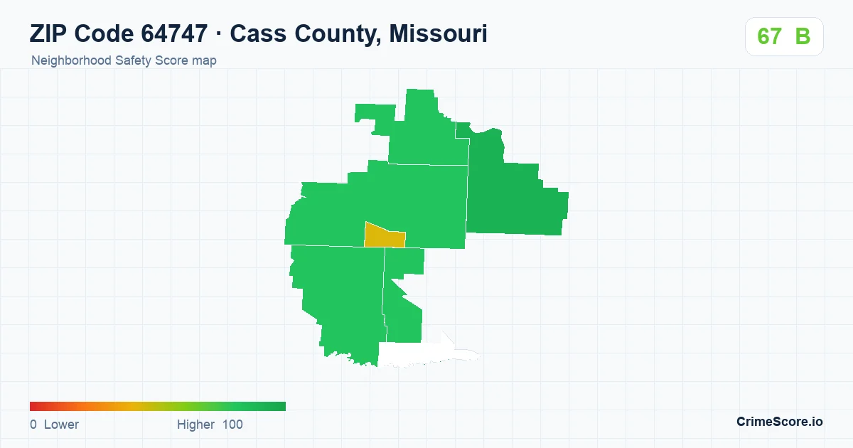 ZIP Code 64747 in Cass County, Missouri neighborhood Safety Score map