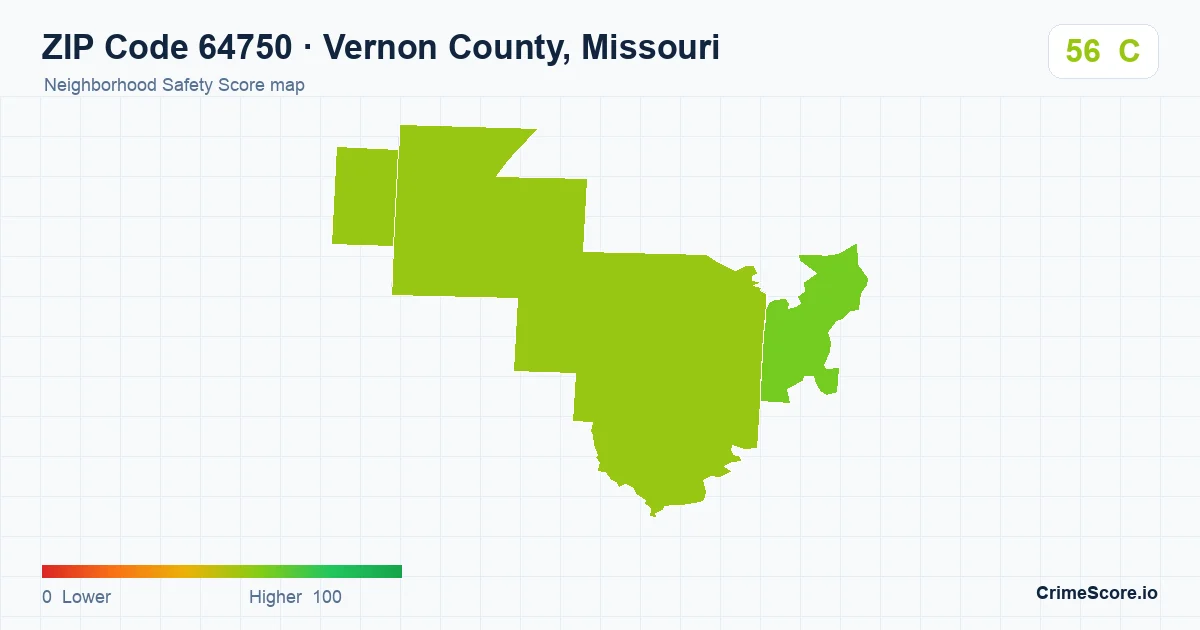 ZIP Code 64750 in Vernon County, Missouri neighborhood Safety Score map