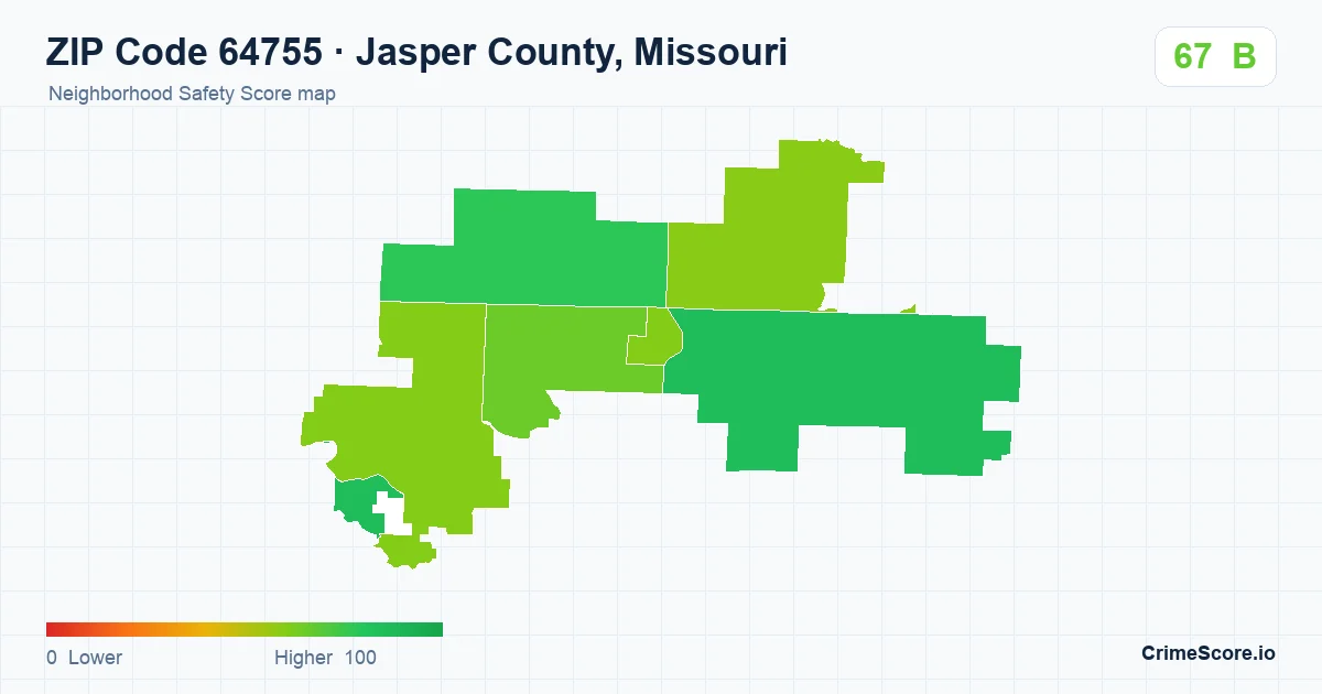 ZIP Code 64755 in Jasper County, Missouri neighborhood Safety Score map