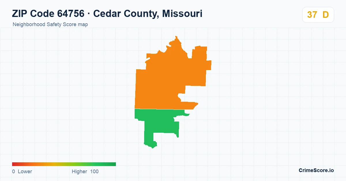 ZIP Code 64756 in Cedar County, Missouri neighborhood Safety Score map