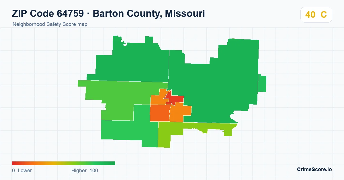 ZIP Code 64759 in Barton County, Missouri neighborhood Safety Score map