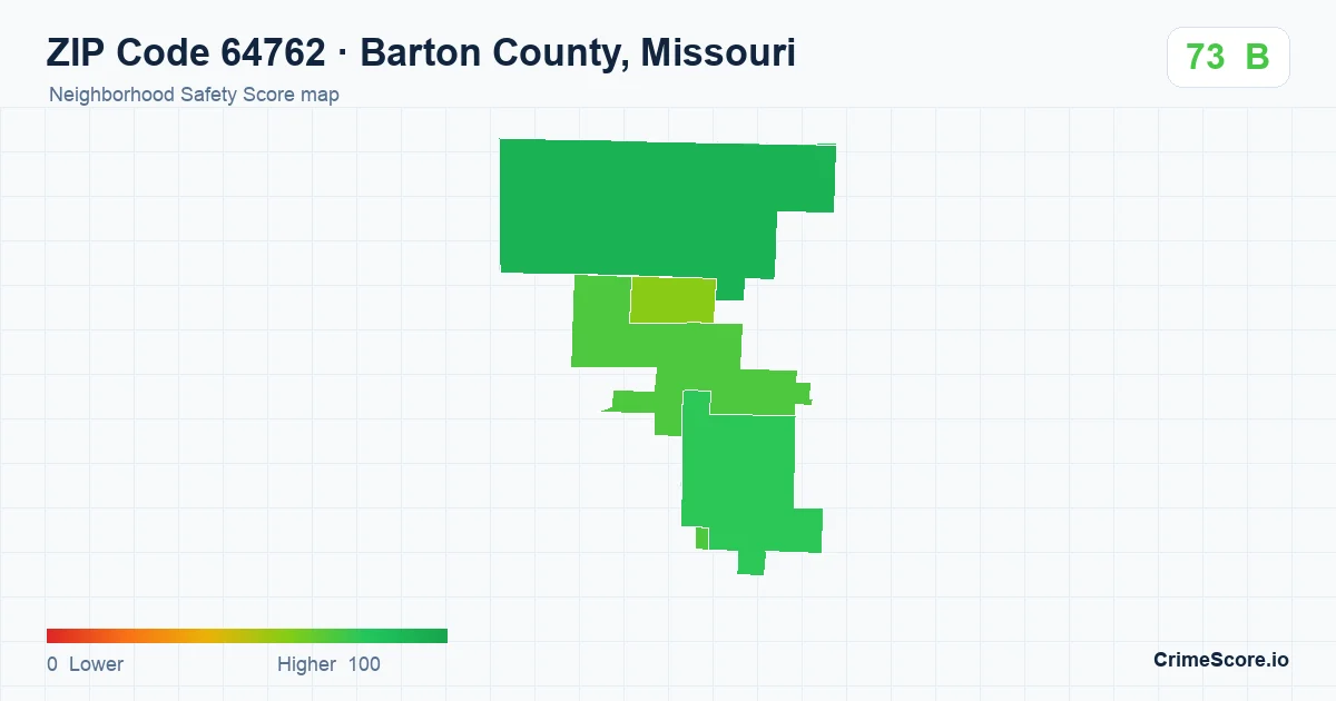 ZIP Code 64762 in Barton County, Missouri neighborhood Safety Score map