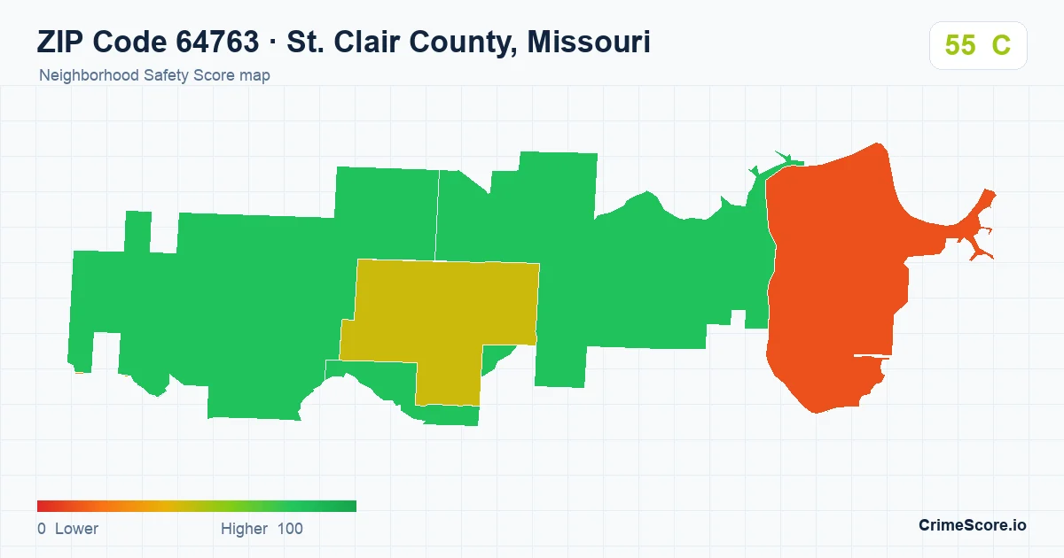 ZIP Code 64763 in St. Clair County, Missouri neighborhood Safety Score map