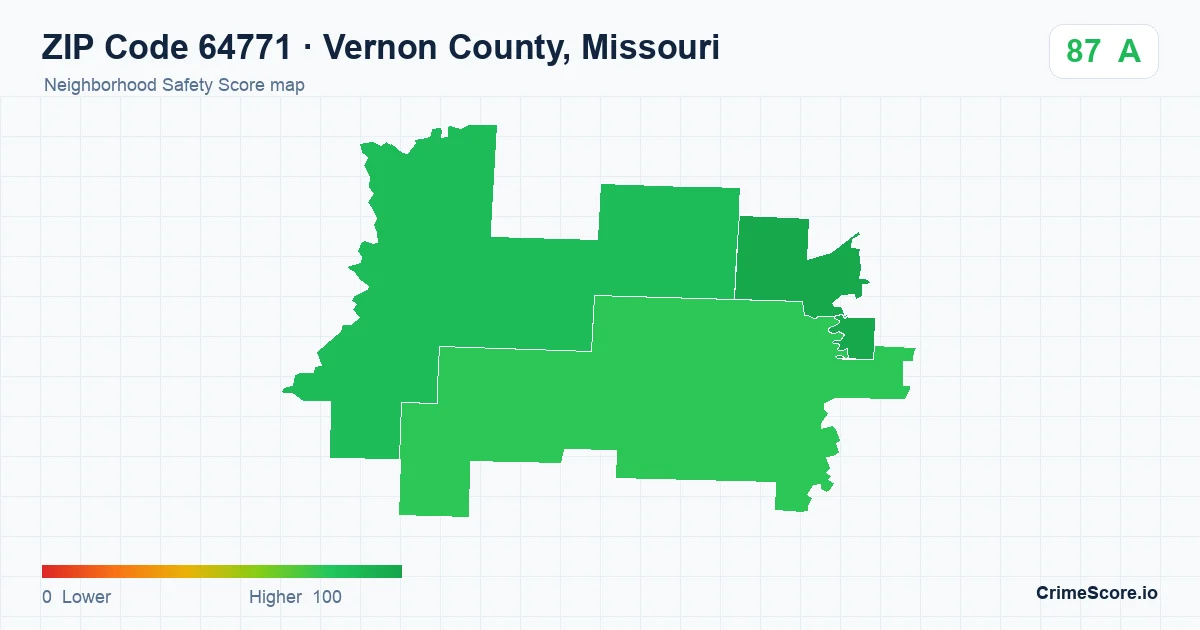 ZIP Code 64771 in Vernon County, Missouri neighborhood Safety Score map