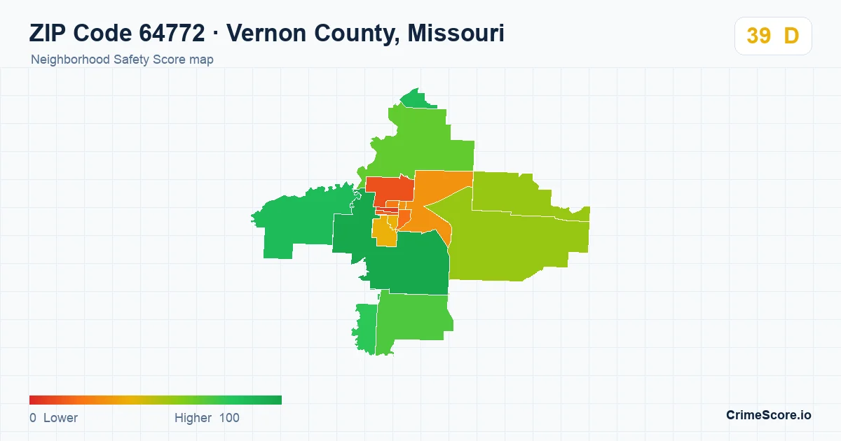 ZIP Code 64772 in Vernon County, Missouri neighborhood Safety Score map
