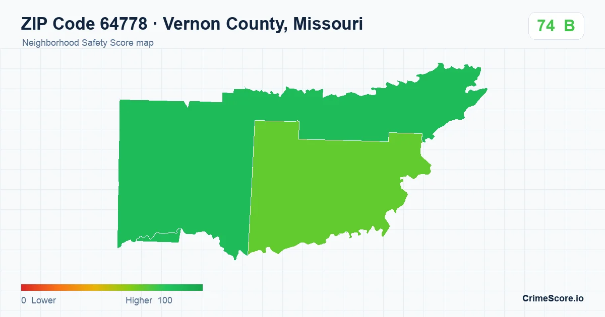 ZIP Code 64778 in Vernon County, Missouri neighborhood Safety Score map