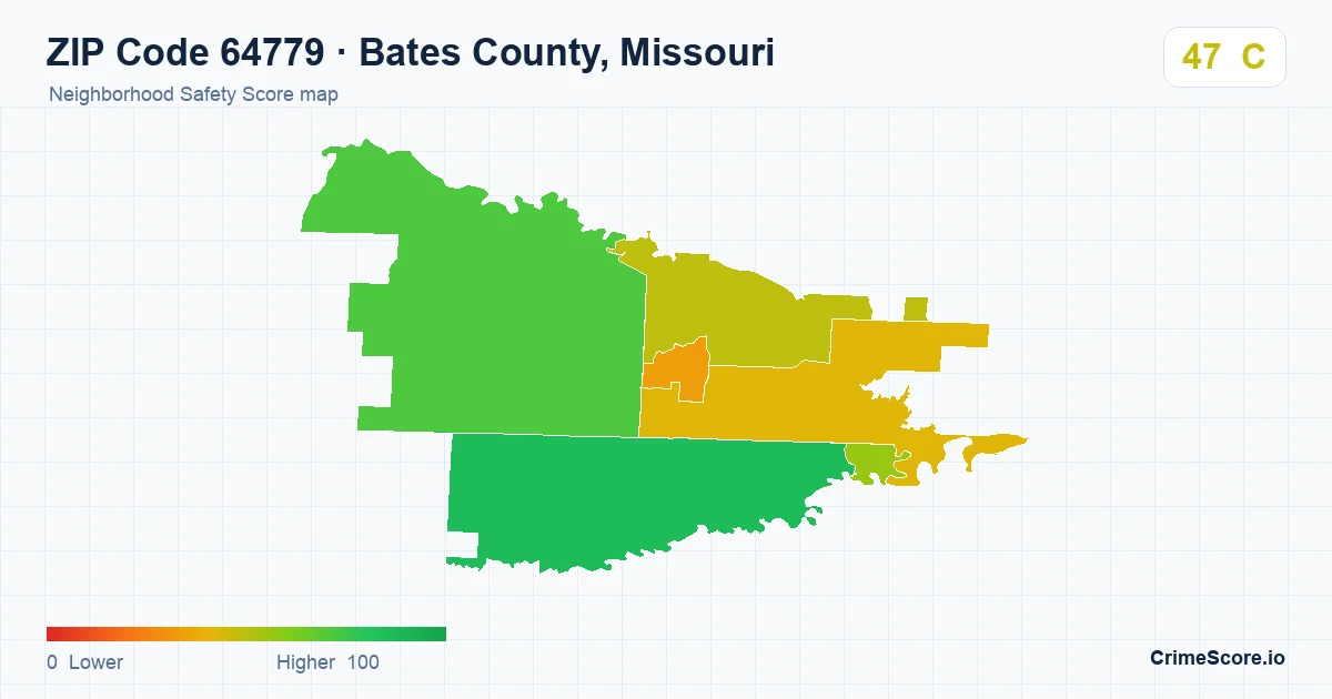 ZIP Code 64779 in Bates County, Missouri neighborhood Safety Score map