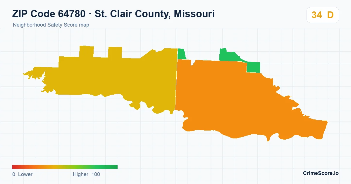 ZIP Code 64780 in St. Clair County, Missouri neighborhood Safety Score map