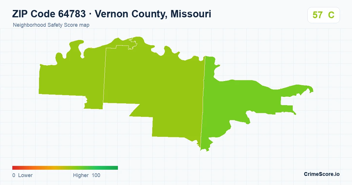 ZIP Code 64783 in Vernon County, Missouri neighborhood Safety Score map