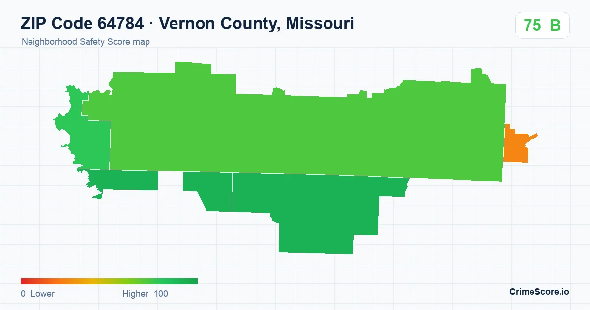 ZIP Code 64784 in Vernon County, Missouri neighborhood Safety Score map