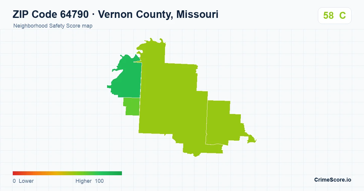 ZIP Code 64790 in Vernon County, Missouri neighborhood Safety Score map