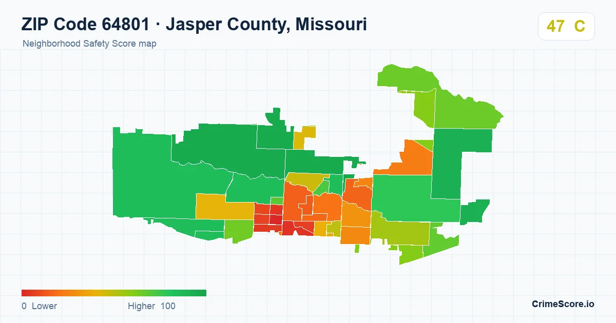 ZIP Code 64801 in Jasper County, Missouri neighborhood Safety Score map