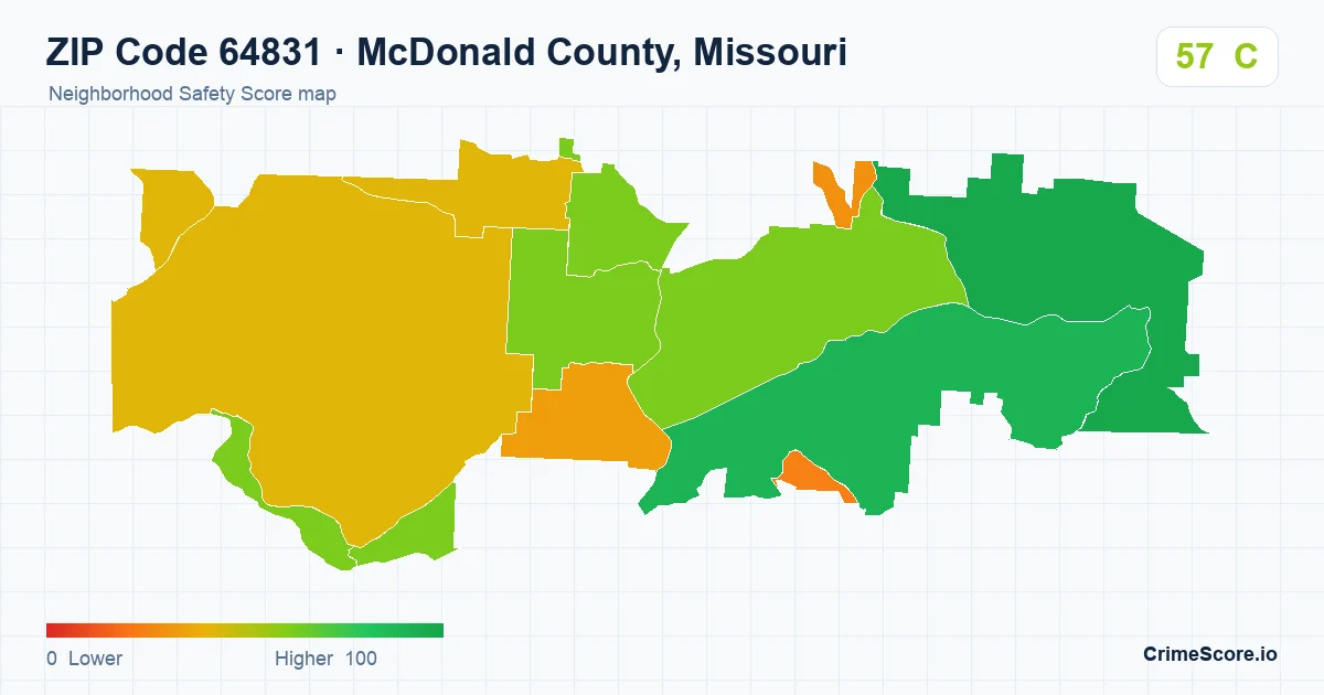 ZIP Code 64831 in McDonald County, Missouri neighborhood Safety Score map