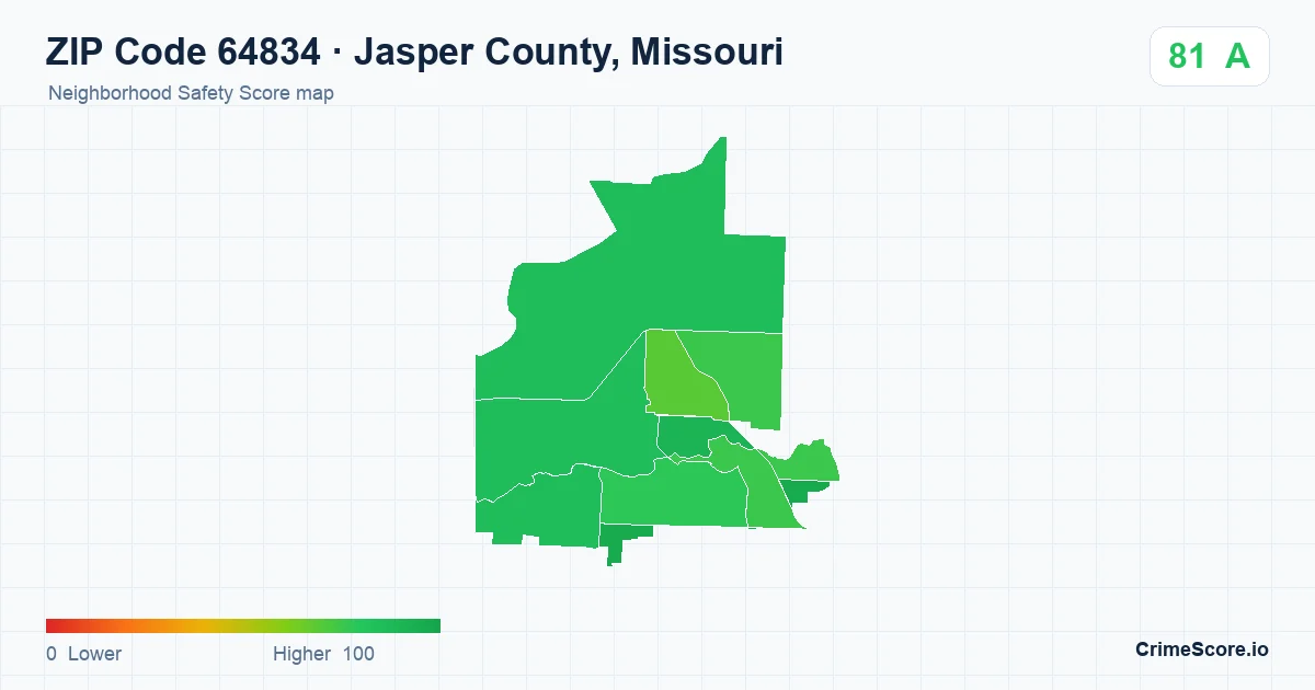 ZIP Code 64834 in Jasper County, Missouri neighborhood Safety Score map