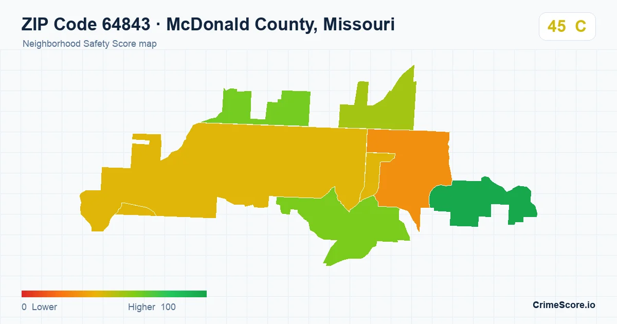 ZIP Code 64843 in McDonald County, Missouri neighborhood Safety Score map