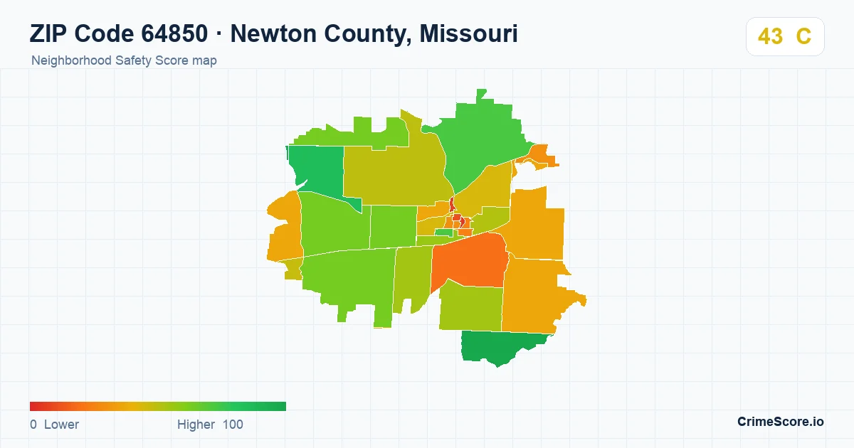 ZIP Code 64850 in Newton County, Missouri neighborhood Safety Score map