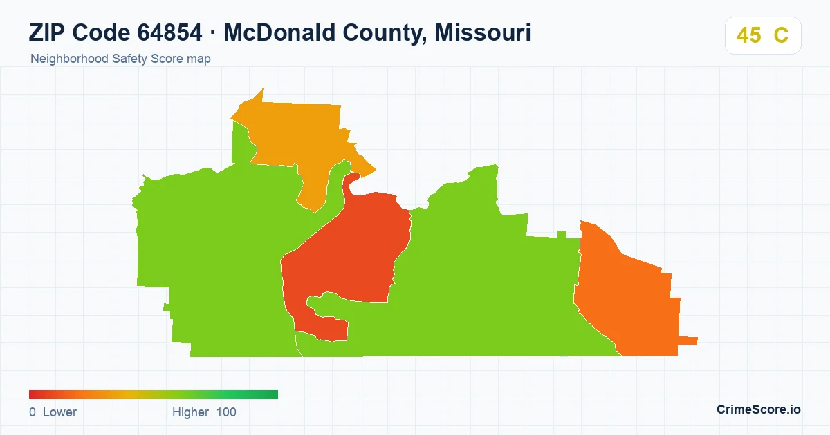 ZIP Code 64854 in McDonald County, Missouri neighborhood Safety Score map