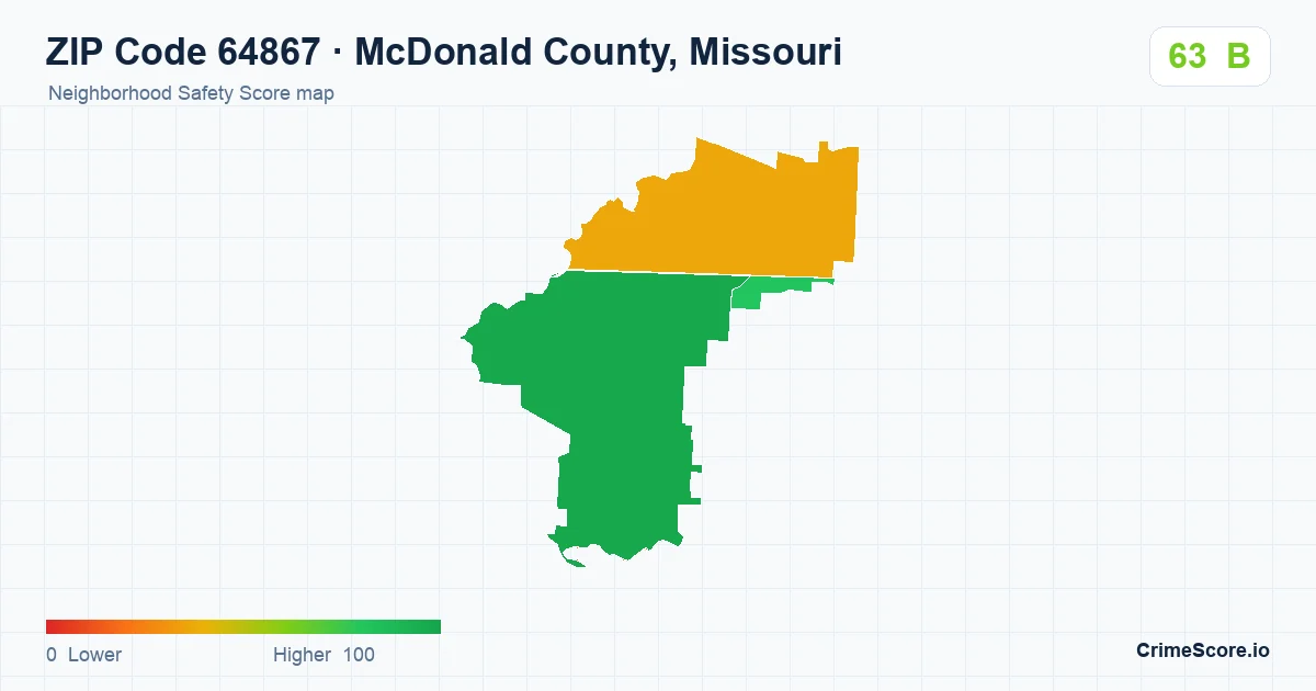 ZIP Code 64867 in McDonald County, Missouri neighborhood Safety Score map