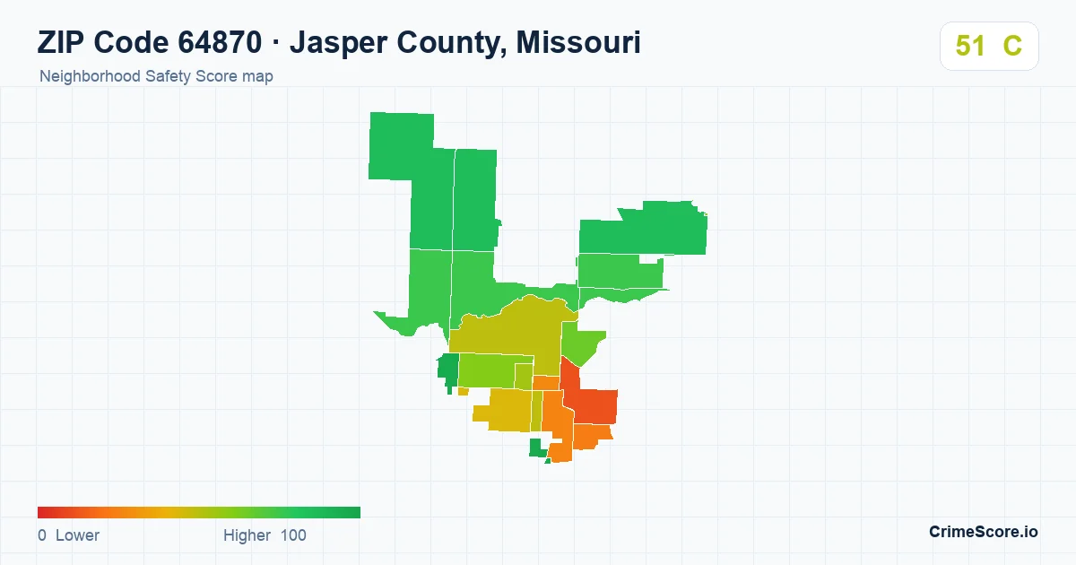 ZIP Code 64870 in Jasper County, Missouri neighborhood Safety Score map