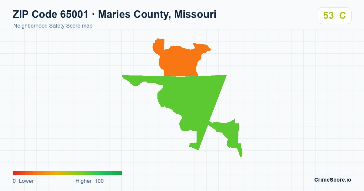 ZIP Code 65001 in Maries County, Missouri neighborhood Safety Score map
