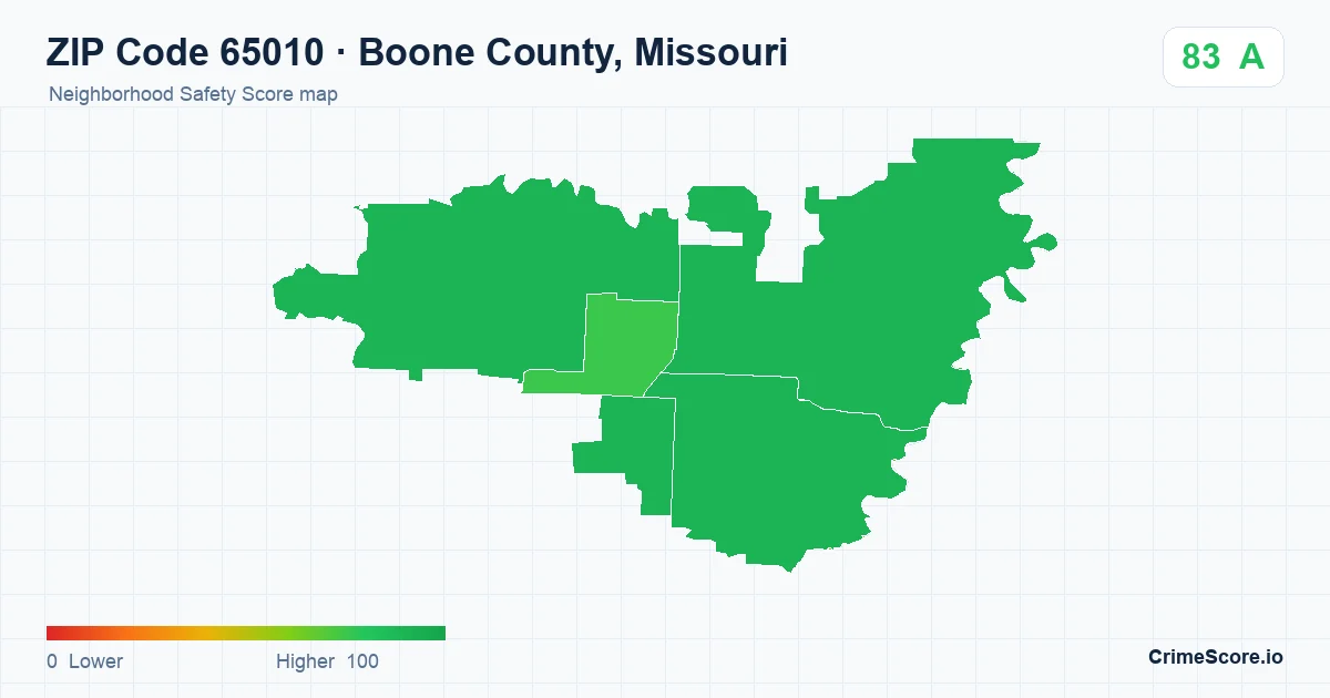 ZIP Code 65010 in Boone County, Missouri neighborhood Safety Score map