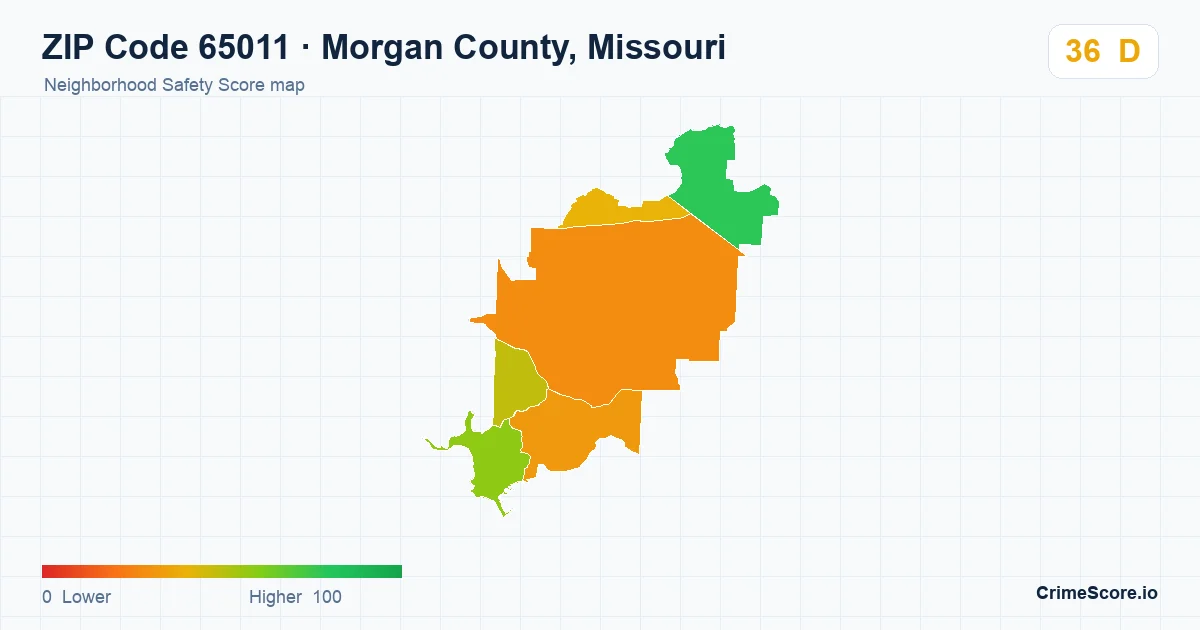 ZIP Code 65011 in Morgan County, Missouri neighborhood Safety Score map