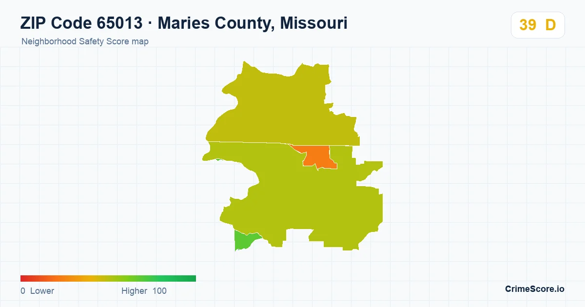 ZIP Code 65013 in Maries County, Missouri neighborhood Safety Score map