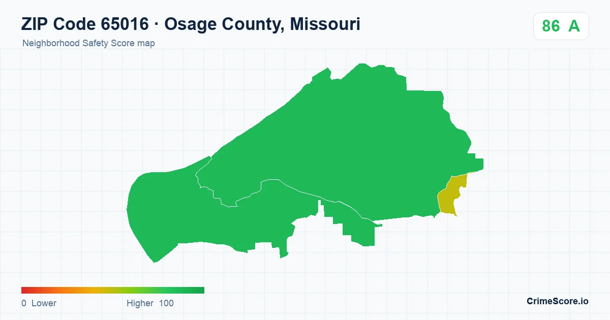 ZIP Code 65016 in Osage County, Missouri neighborhood Safety Score map