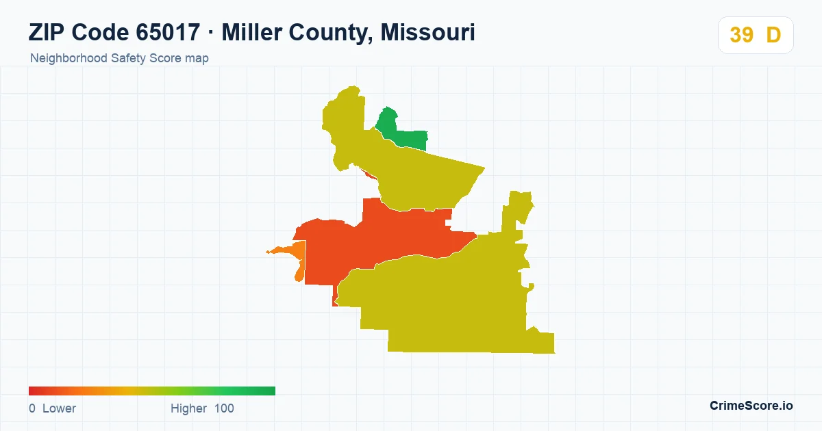 ZIP Code 65017 in Miller County, Missouri neighborhood Safety Score map