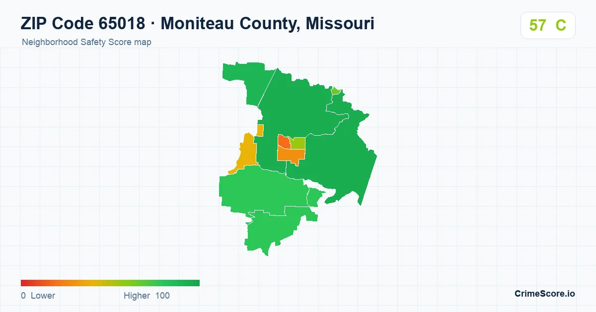 ZIP Code 65018 in Moniteau County, Missouri neighborhood Safety Score map