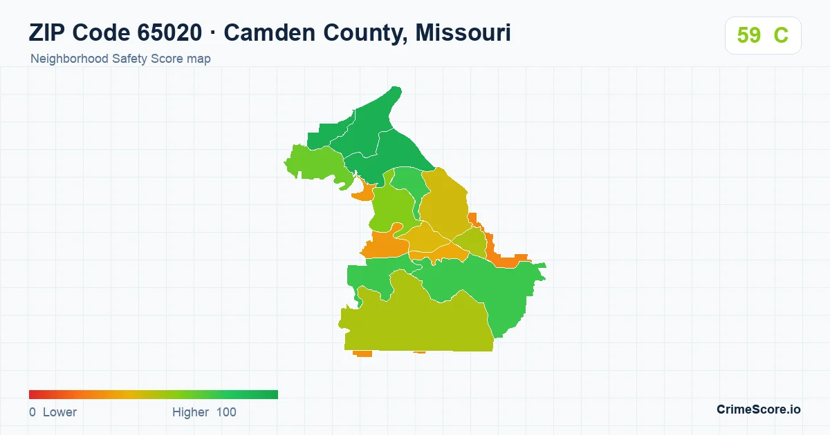 ZIP Code 65020 in Camden County, Missouri neighborhood Safety Score map