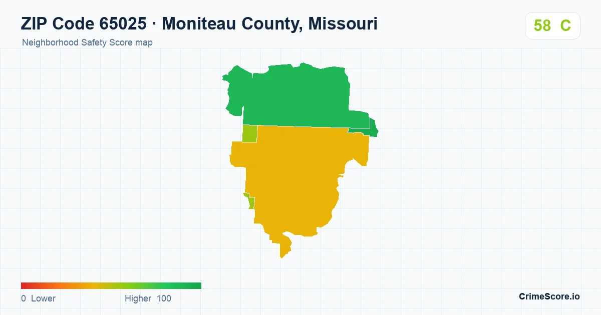 ZIP Code 65025 in Moniteau County, Missouri neighborhood Safety Score map